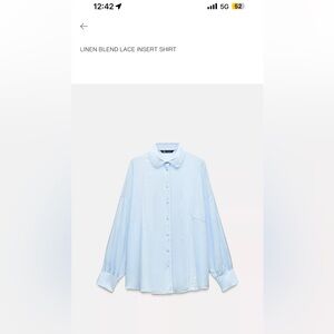 NWT! Zara Light Blue Linen-Blend Lace Insert Shirt
